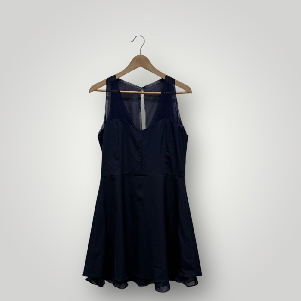TOBI Navy Blue Mesh Trim V Neck Fit Flare Mini Dress‎ Women's L G